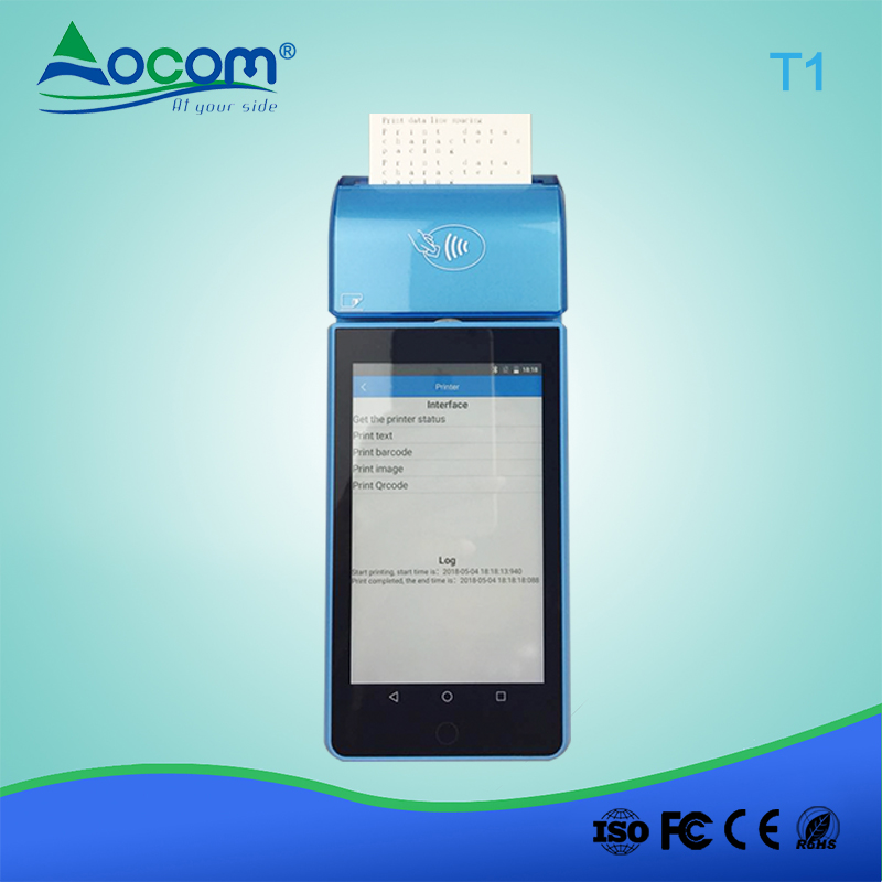 Terminal Android POS tenu dans la main avec l'imprimante thermique de 58mm