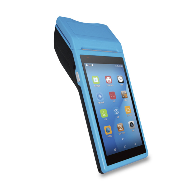 Terminal androïde tenu dans la main d'écran tactile de restaurant POS avec l'imprimante