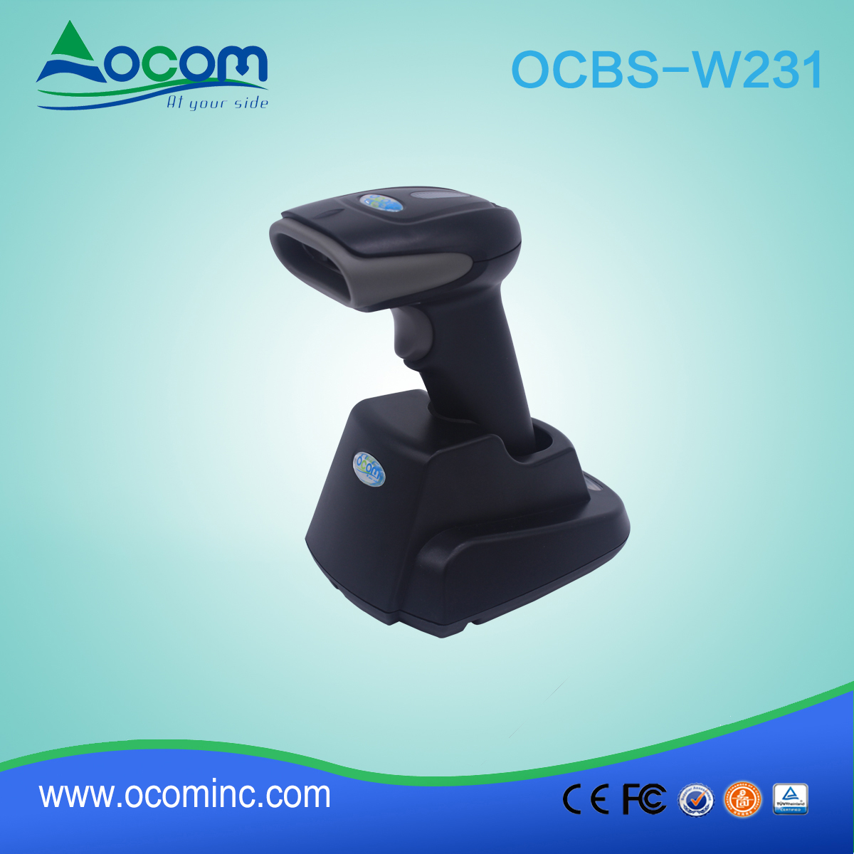 OCBS-W231 High Quality 433Mhz or Bluetooth Wireless QR Code 2D Barcode Scanner With Cradle
