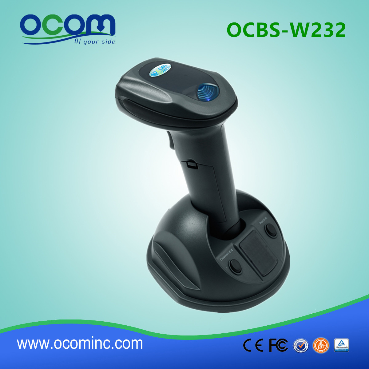 OCBS-W232-Wireless Handheld escáner de código de barras 2D con Bluetooth y 433MHz con cuna