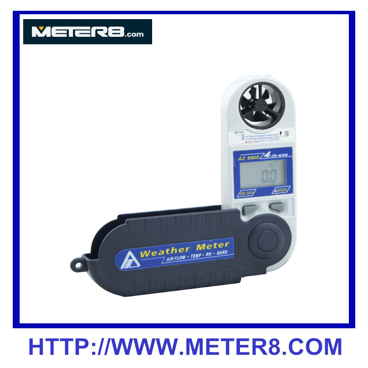 8909 4 en 1 mini flujo de aire del anemómetro y medidor de presión barométrica