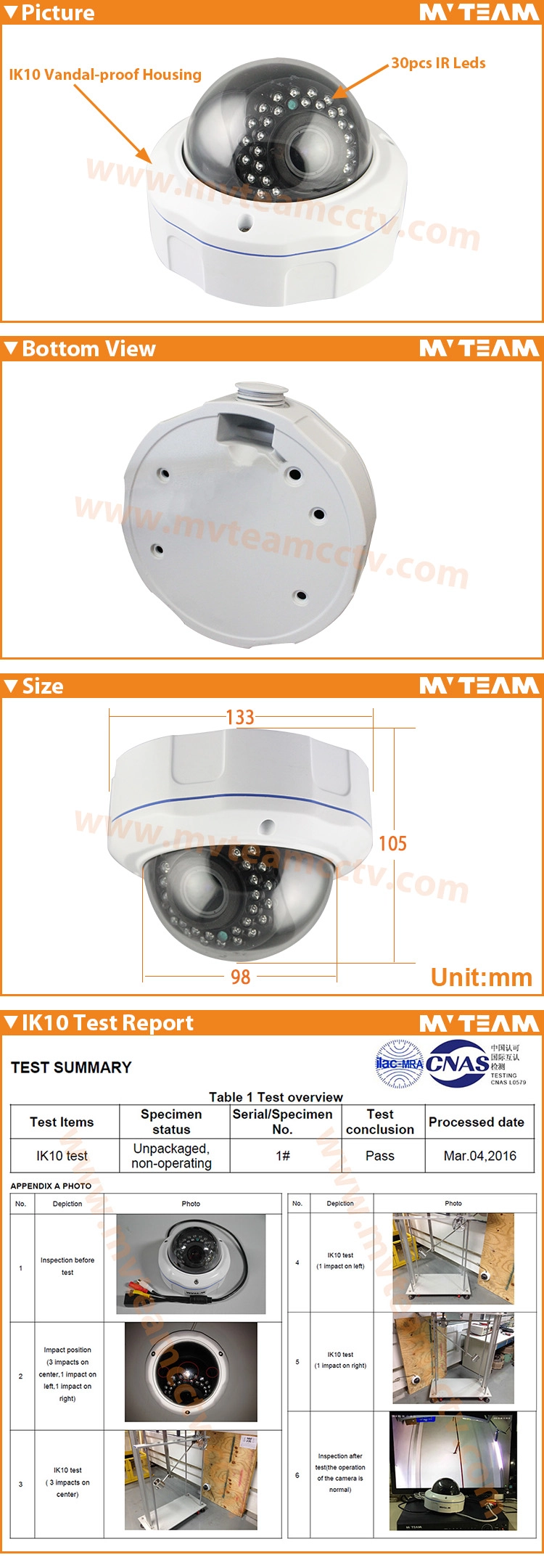 Vandal-Proof IK10 Dome Security Camera Hybrid AHD CVI 5MP TVI Cameras MVT-AH26S