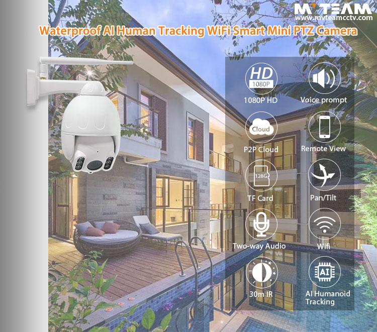 AI人体追踪室外WiFi 2.5英寸迷你PTZ摄像机防水1080P高清智能家居IP安全监控摄像机