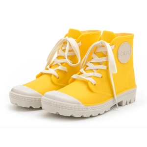 Amarillo limón de moda tobillo alto encaje botas de lluvia de PVC