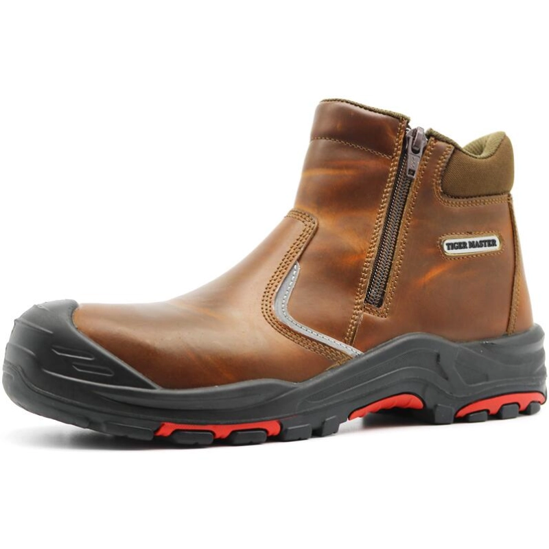 China TM7003 Oil resistant brown leather steel toe puncture proof no lace safety shoes with YKK zippers manufacturer