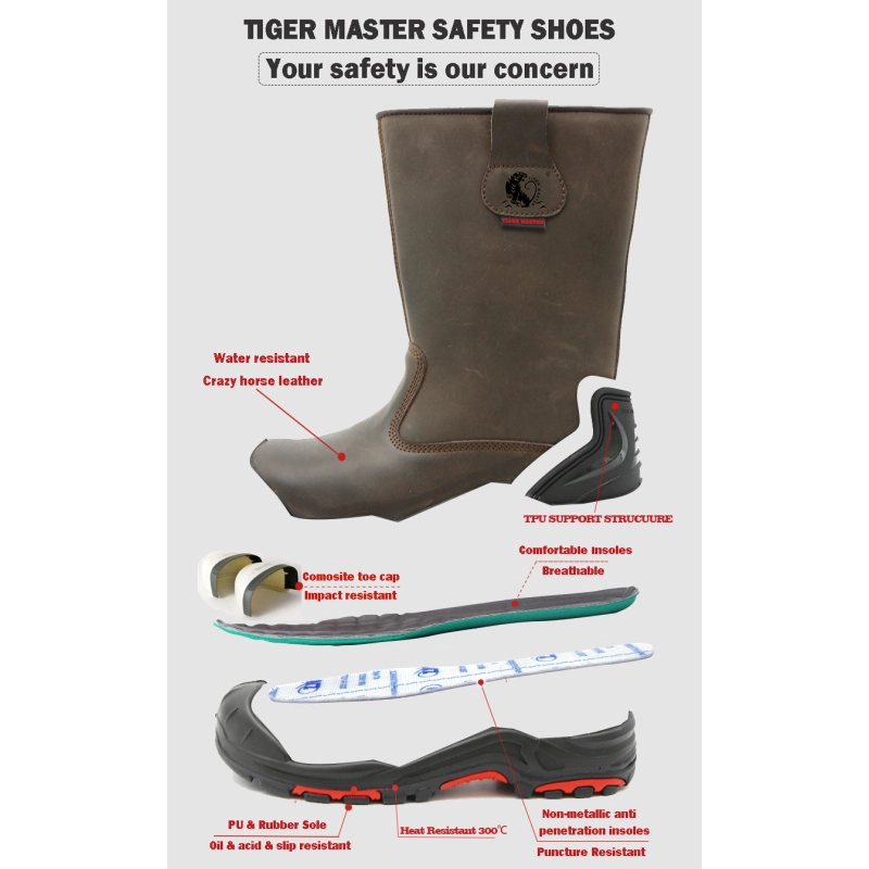 China W1020 Oil water resistant anti slip puncture proof leather high rigger boots composite toe manufacturer