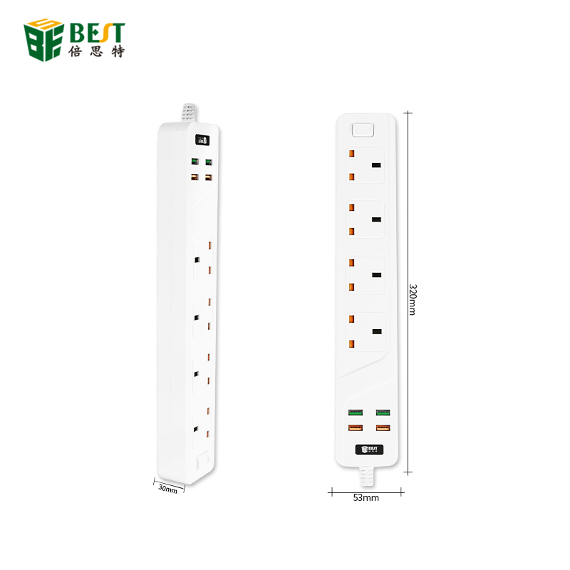 BST-03电源板智能家用电子设备快速充电4个USB 4端口扩展英国电源插头插座，带英国适配器
