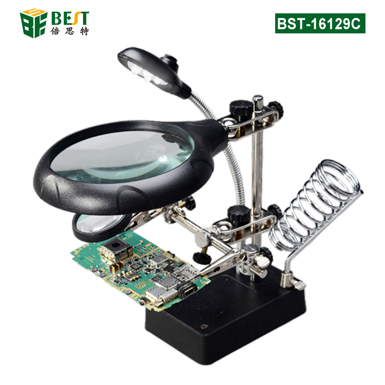 BST-16129C新功能5X LED固定夹3合1焊接放大镜，用于维修PCB手机屏幕放大镜