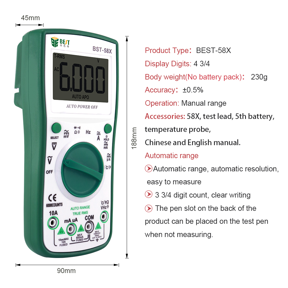 BST-58X Automatische Digital Multimeter Intelligente 6000 Counts AC / DC Spannung Strom Test-Tool