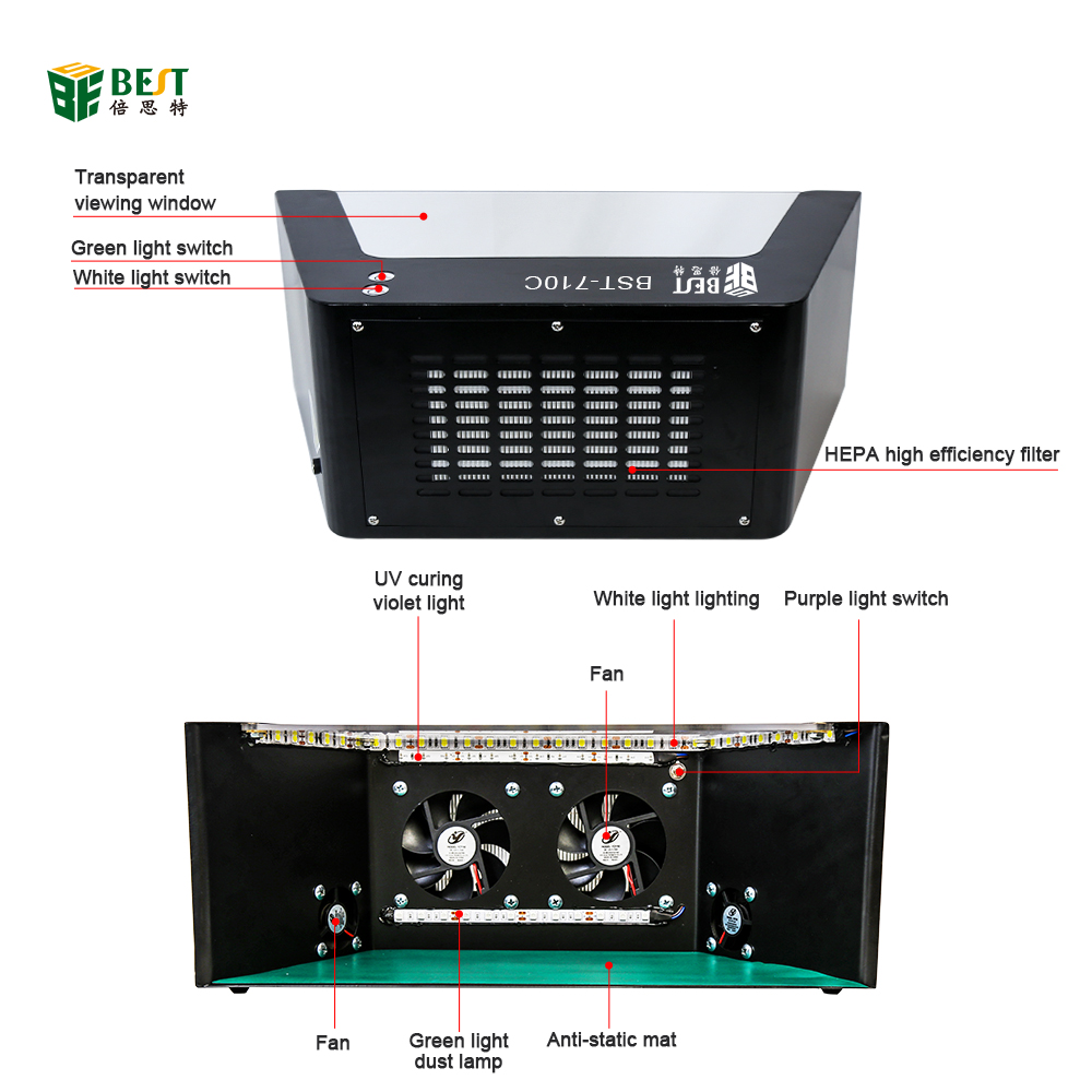 BST-710C Mini-Desktop-Staubentfernungs-Workbench Staubfreier Reinraumreiniger für Handy-LCD-Reparatur mit grüner Lampe