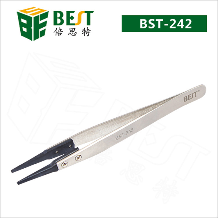 ESD Safe Flat Rubber Tips Straight Tweezers BST-242